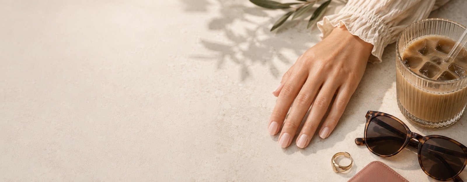 Manicure press-on SAELA en una escena editorial luminosa con cafe y accesorios